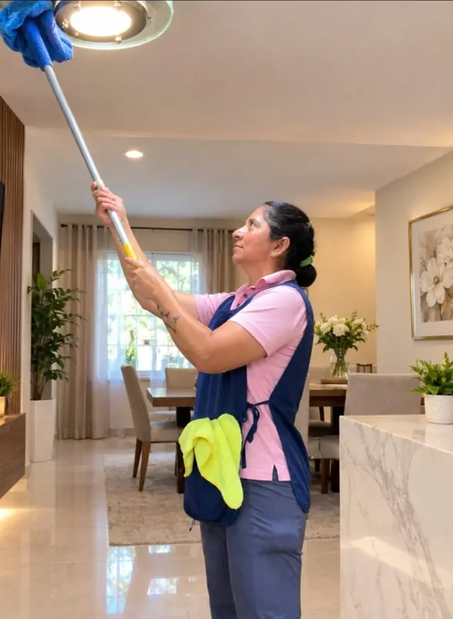 Cleaner high-dusting a ceiling light fixture