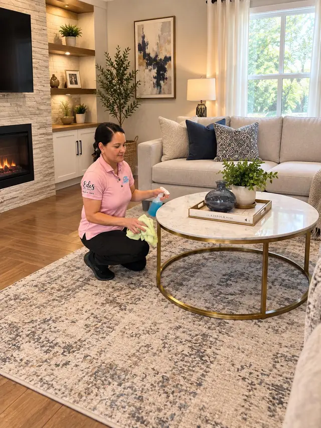 Edis cleaner wiping a coffee table in a bright living room